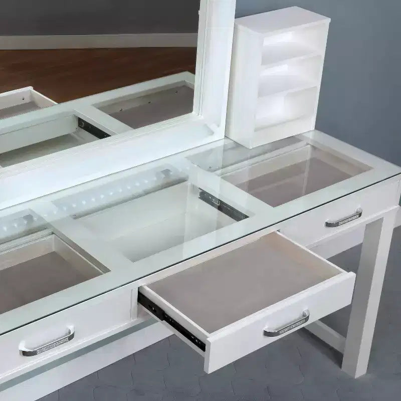Set toeletta rettangolare bianco con specchio LED e sgabello, 1 posto