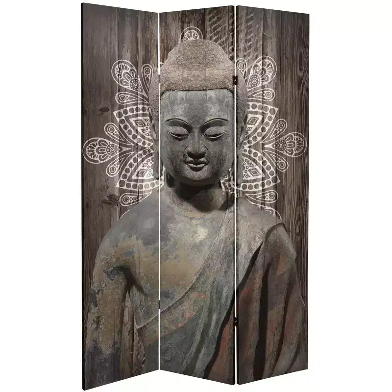 Divisorio a 3 pannelli in tela con Buddha in pietra grigia double-face