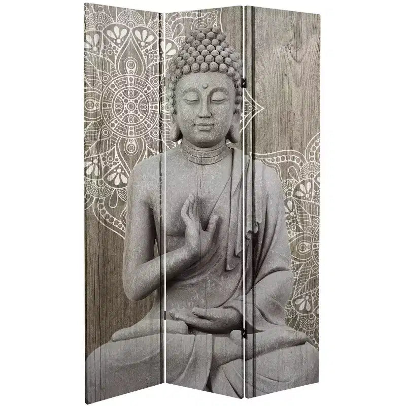 Divisorio a 3 pannelli in tela con Buddha in pietra grigia double-face