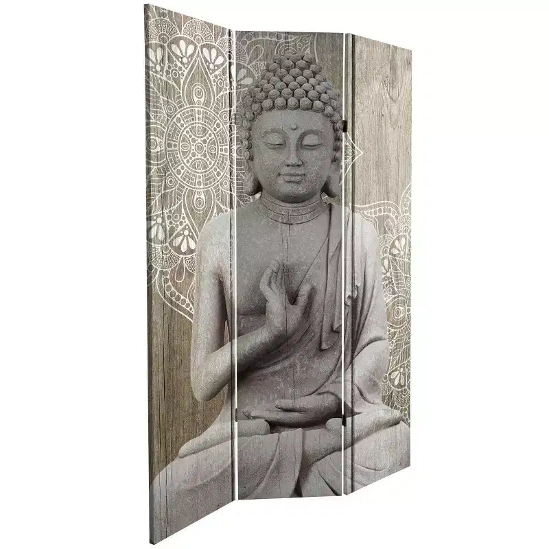 Divisorio a 3 pannelli in tela con Buddha in pietra grigia double-face