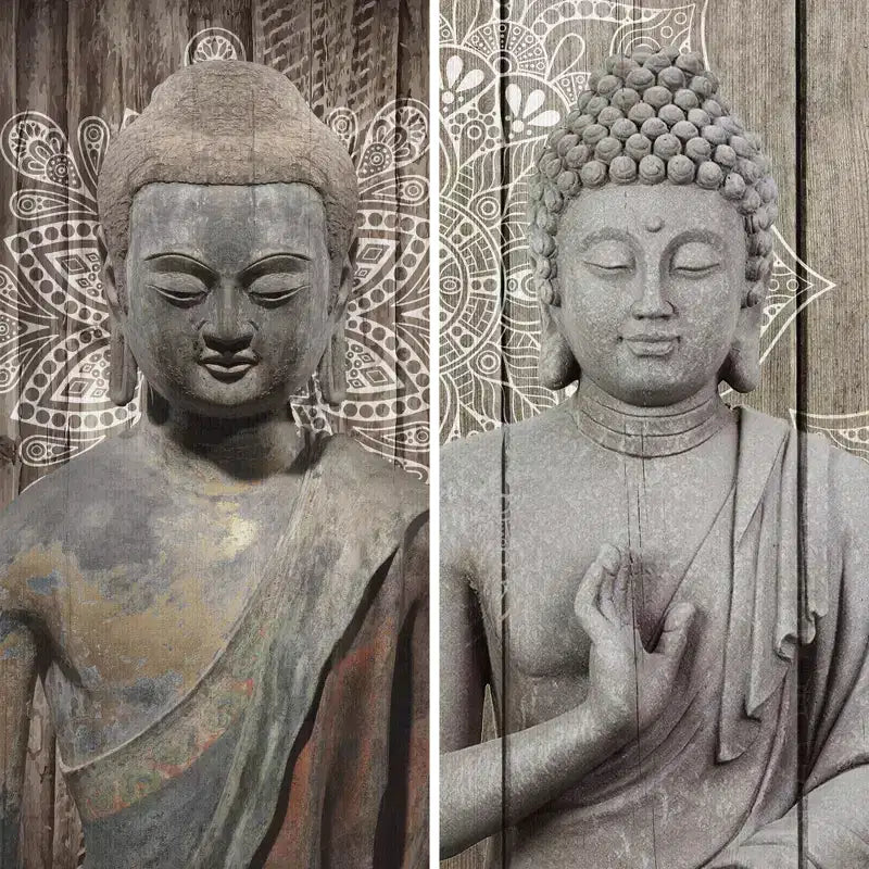 Divisorio a 3 pannelli in tela con Buddha in pietra grigia double-face