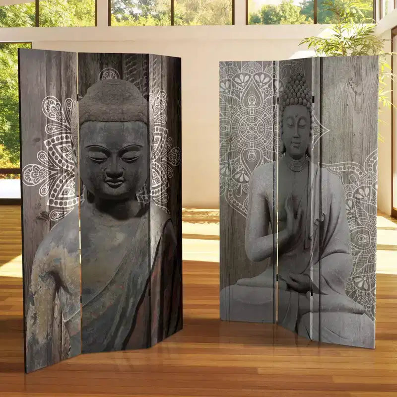 Divisorio a 3 pannelli in tela con Buddha in pietra grigia double-face