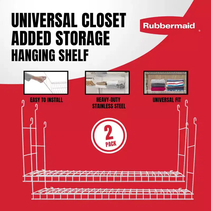 Rubbermaid 24 Scaffale sospeso universale in filo di acciaio per armadio, spazio aggiuntivo (confezione da 2)