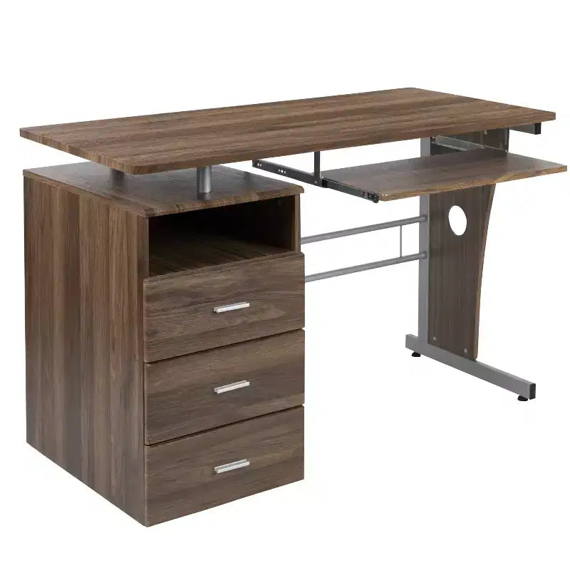 Scrivania Direzionale in Noce Rustico / Bianco con Cassettiera a 3 Cassetti e Vassoio Tastiera, 1 Posto