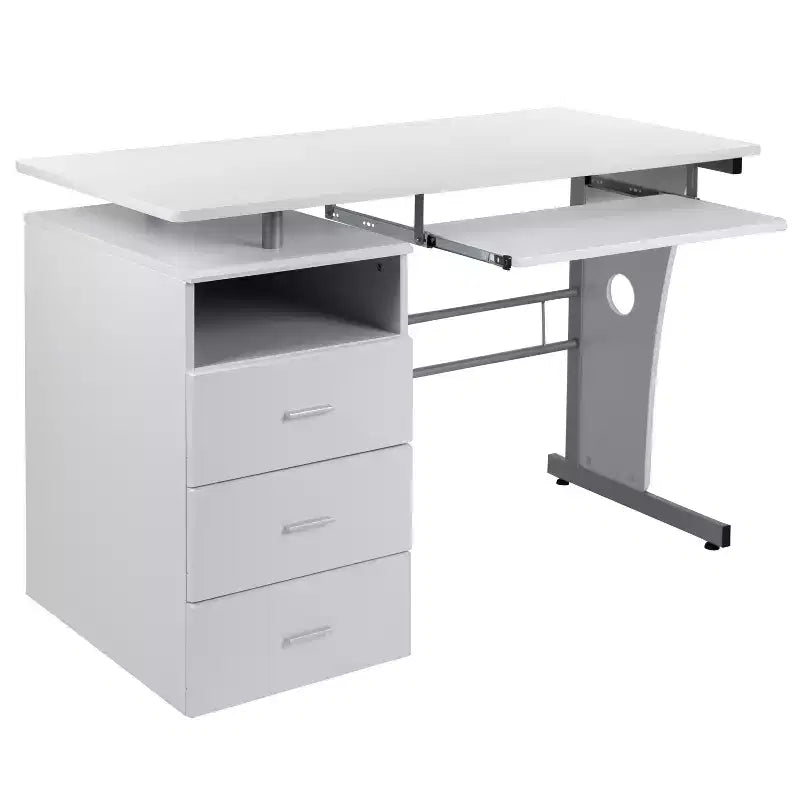 Scrivania Direzionale in Noce Rustico / Bianco con Cassettiera a 3 Cassetti e Vassoio Tastiera, 1 Posto