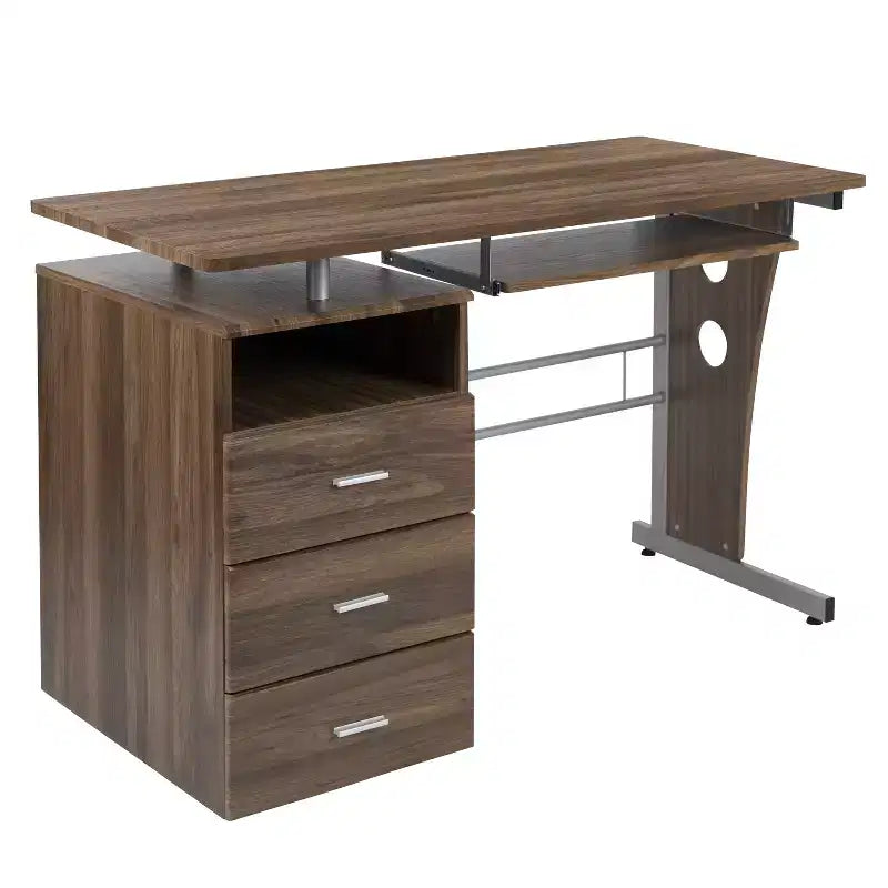 Scrivania Direzionale in Noce Rustico / Bianco con Cassettiera a 3 Cassetti e Vassoio Tastiera, 1 Posto