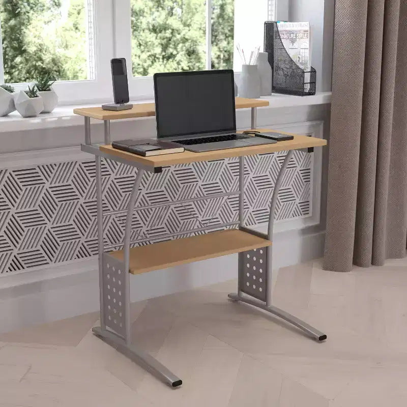 Scrivania per computer con ripiani portaoggetti, 1 persona, in acero/noce rustico