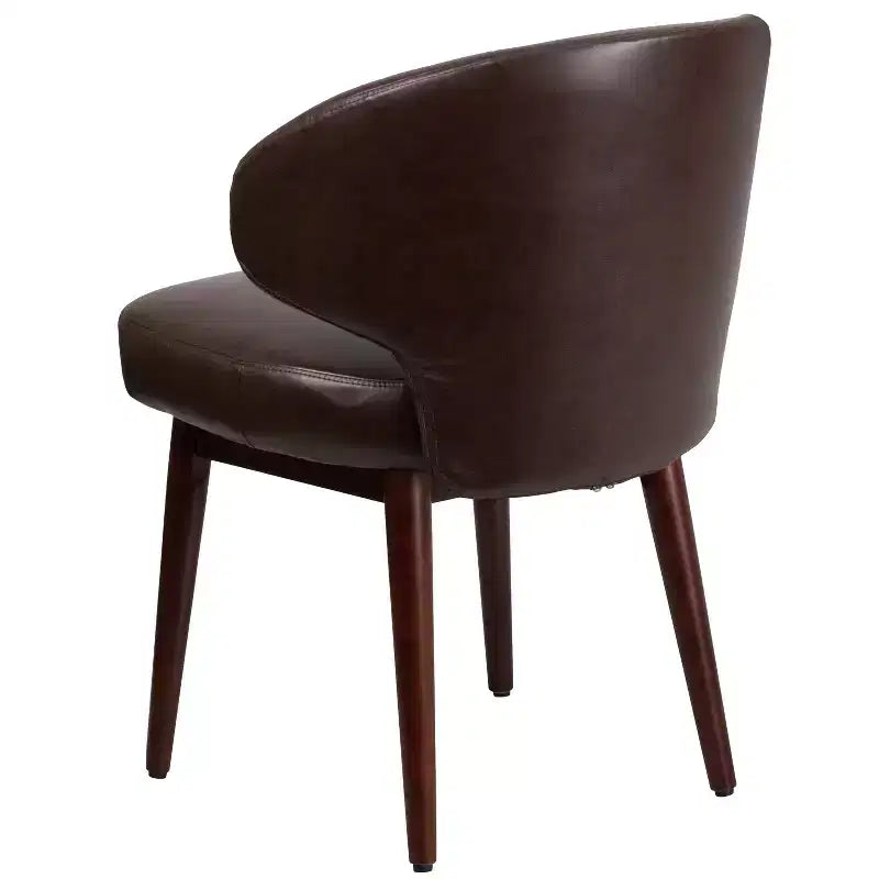 Poltrona singola per reception in similpelle marrone/bianco con gambe in legno noce