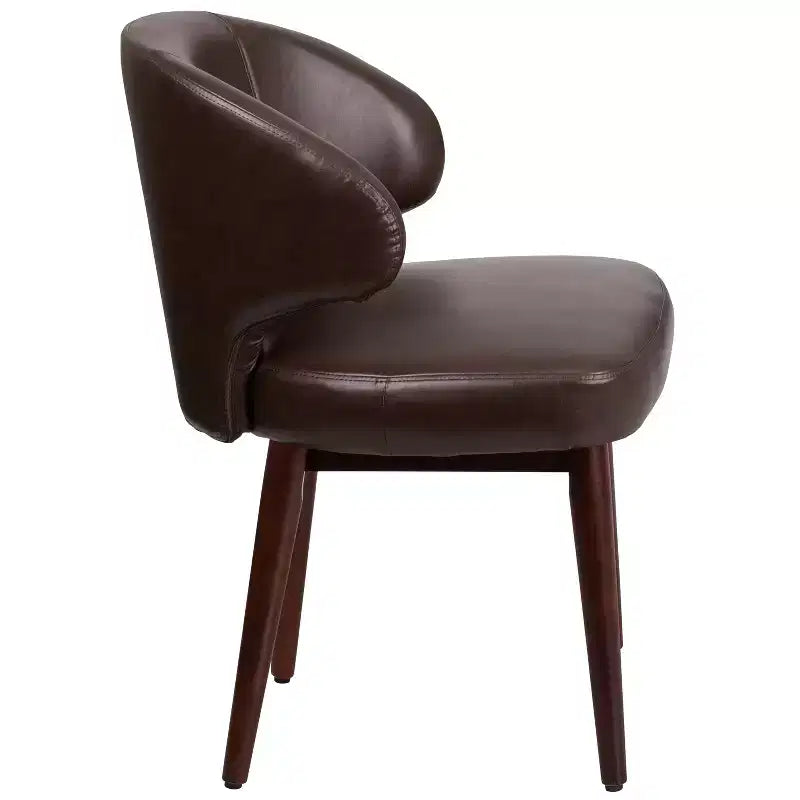 Poltrona singola per reception in similpelle marrone/bianco con gambe in legno noce