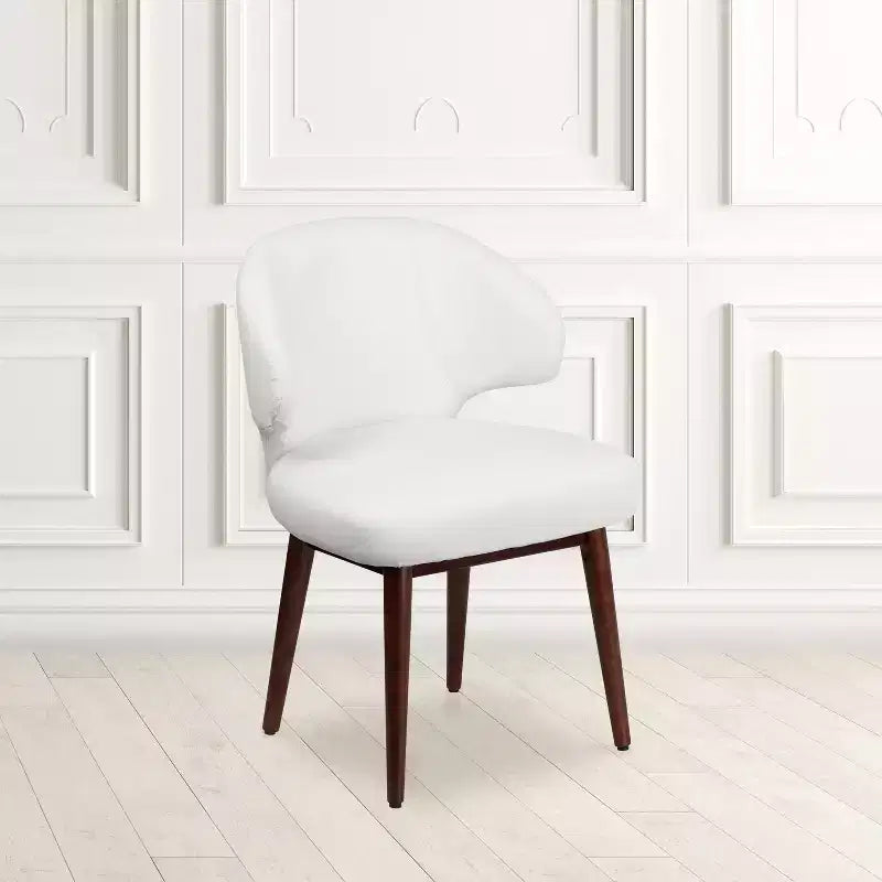 Poltrona singola per reception in similpelle marrone/bianco con gambe in legno noce