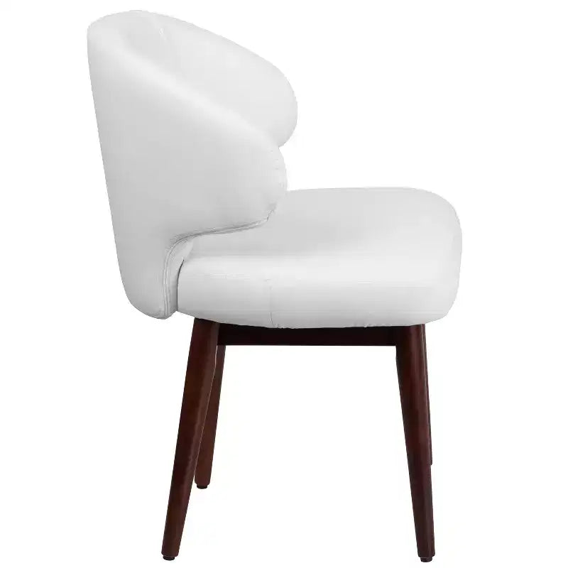 Poltrona singola per reception in similpelle marrone/bianco con gambe in legno noce