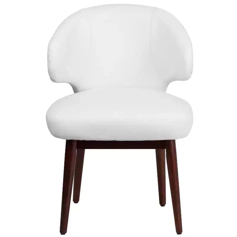 Poltrona singola per reception in similpelle marrone/bianco con gambe in legno noce