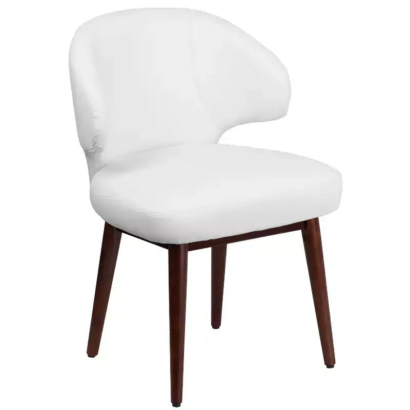 Poltrona singola per reception in similpelle marrone/bianco con gambe in legno noce