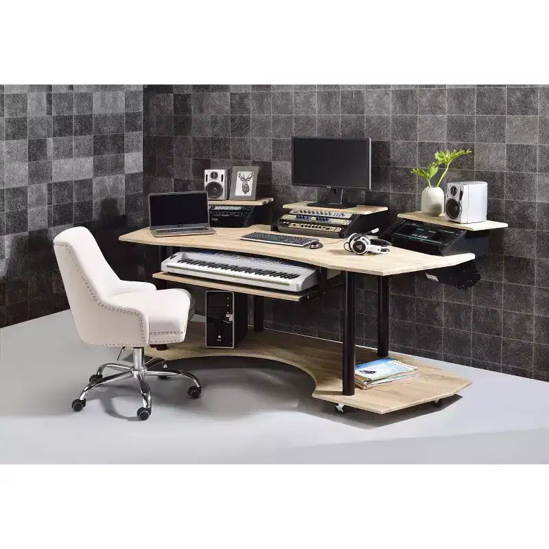 Scrivania da studio con ripiano superiore e 3 supporti, rovere nero/rovere naturale, per utente singolo