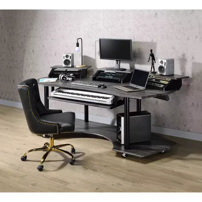 Scrivania da studio con ripiano superiore e 3 supporti, rovere nero/rovere naturale, per utente singolo