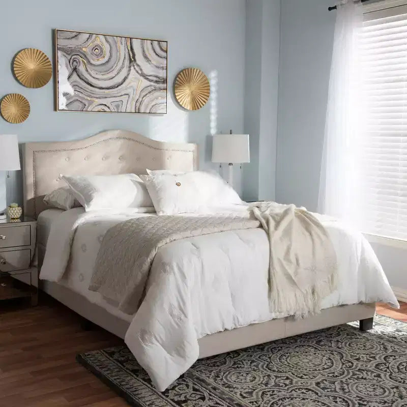 Letto imbottito in tessuto grigio con testiera curva – Queen/King, 1-persona